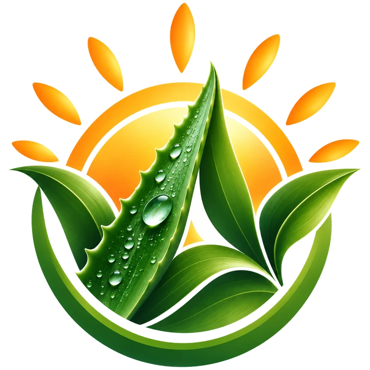 Emblème Aloessential : une feuille d'aloe vera perlée de rosée devant un soleil levant